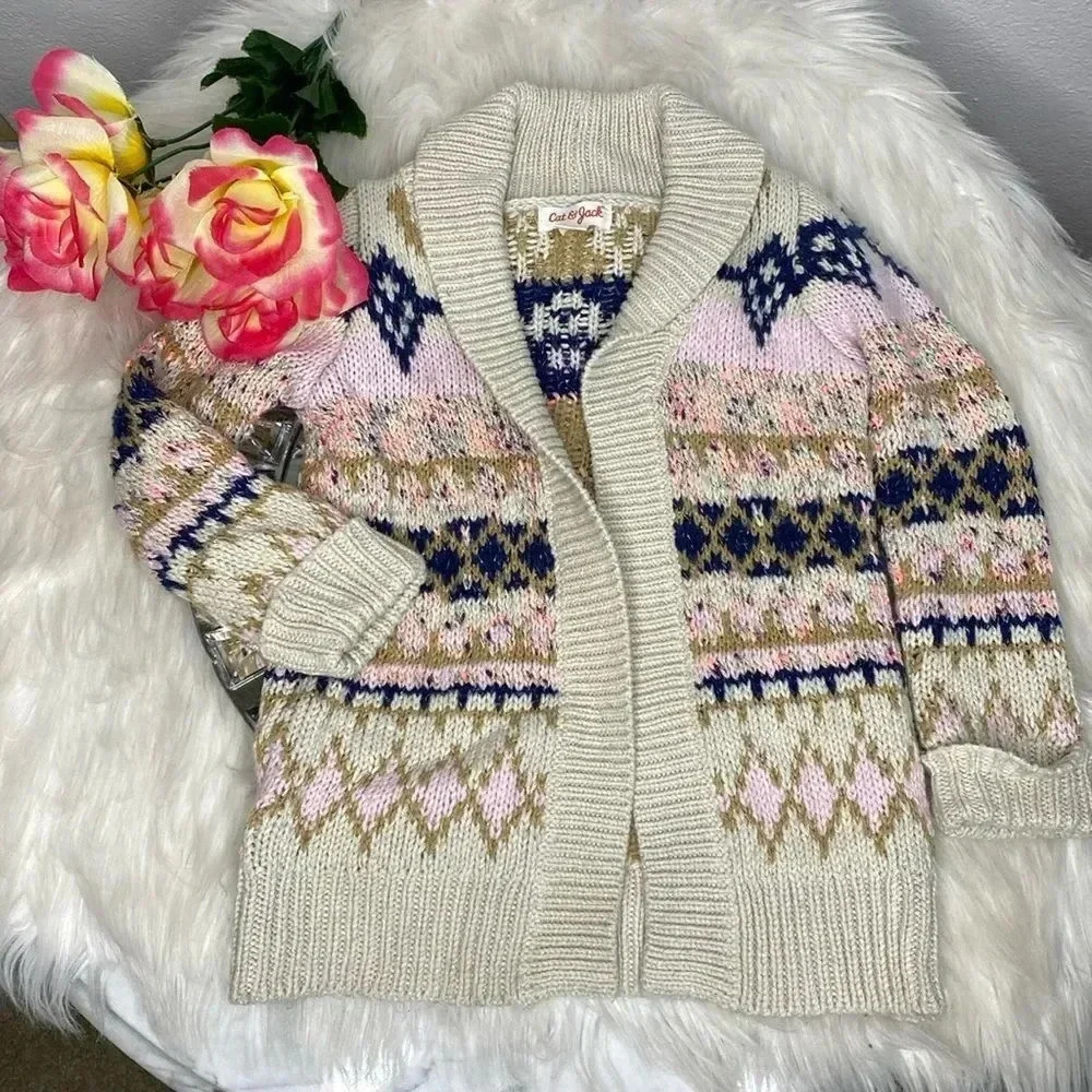 Cat & Jack Open Cardigan Sweater Pink Navy Gold Beige 2T
